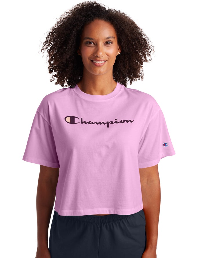 Camiseta Champion Mujer - Cropped Script Logo ( Rosas ) 5032748-PX